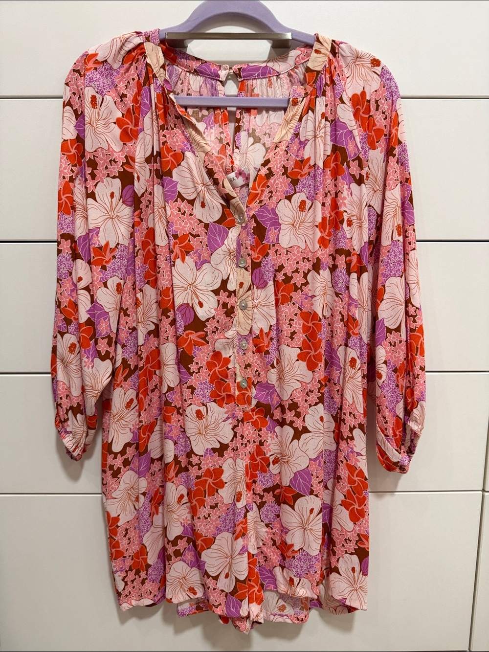 NWT,  Ava Sky, romper Memphis, mahogany retro bloom, size small, l/s, woven